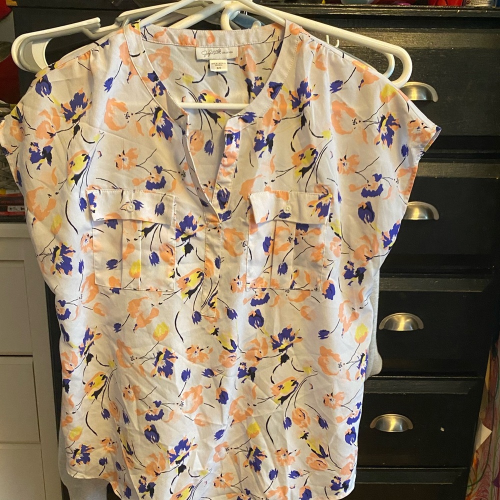 Crown & Ivy Floral Blouse in Blue, Orange, and Yellow